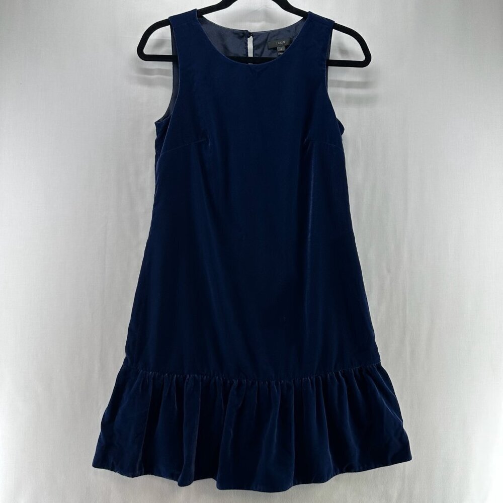 J.Crew Dress Size 0 Velvet Velour Ruffle Hem Drop Waist Shift Sleeveless Blue